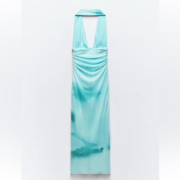 ZARA NEW WOMAN SS24 GREENS PRINTED TULLE HALTER DRESS - Picture 15 of 15